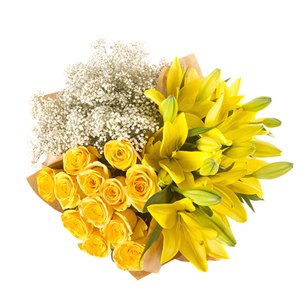 Yellow Roses, Lilies, Gypsophila