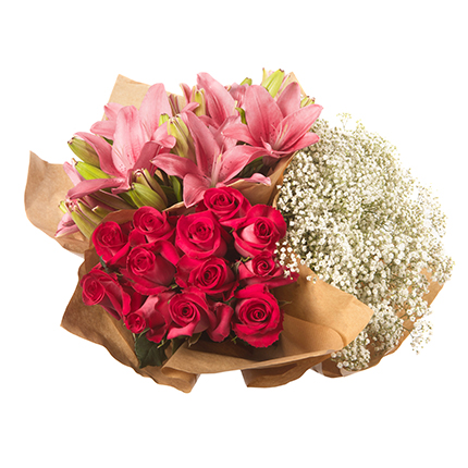Hot Pink Roses, Lilies, Gypsophila